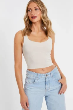 Quiz Scoop Neck Crop Top Stone Discount