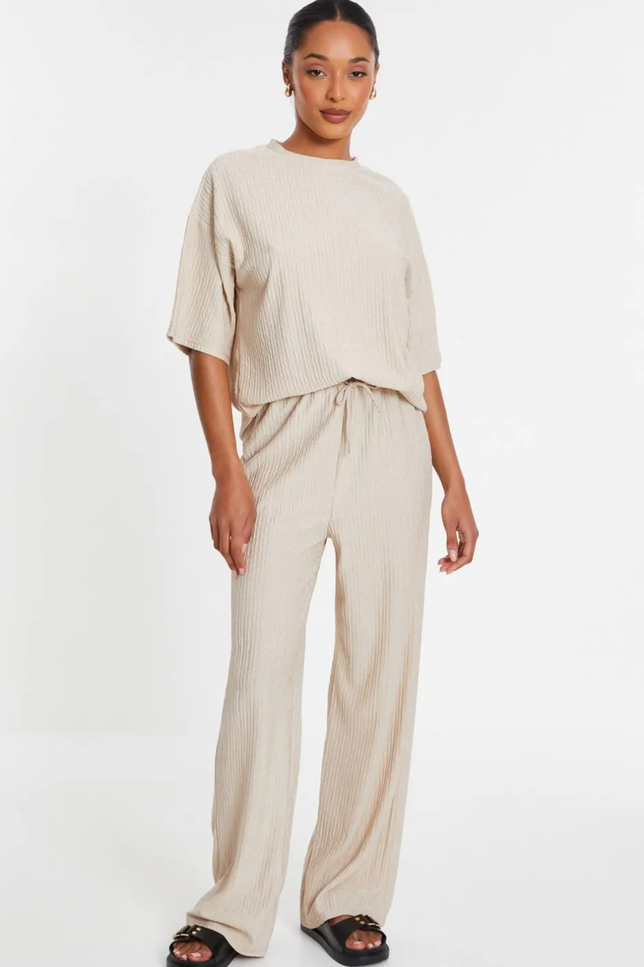 Quiz Textured Palazzo Trousers Stone Clearance