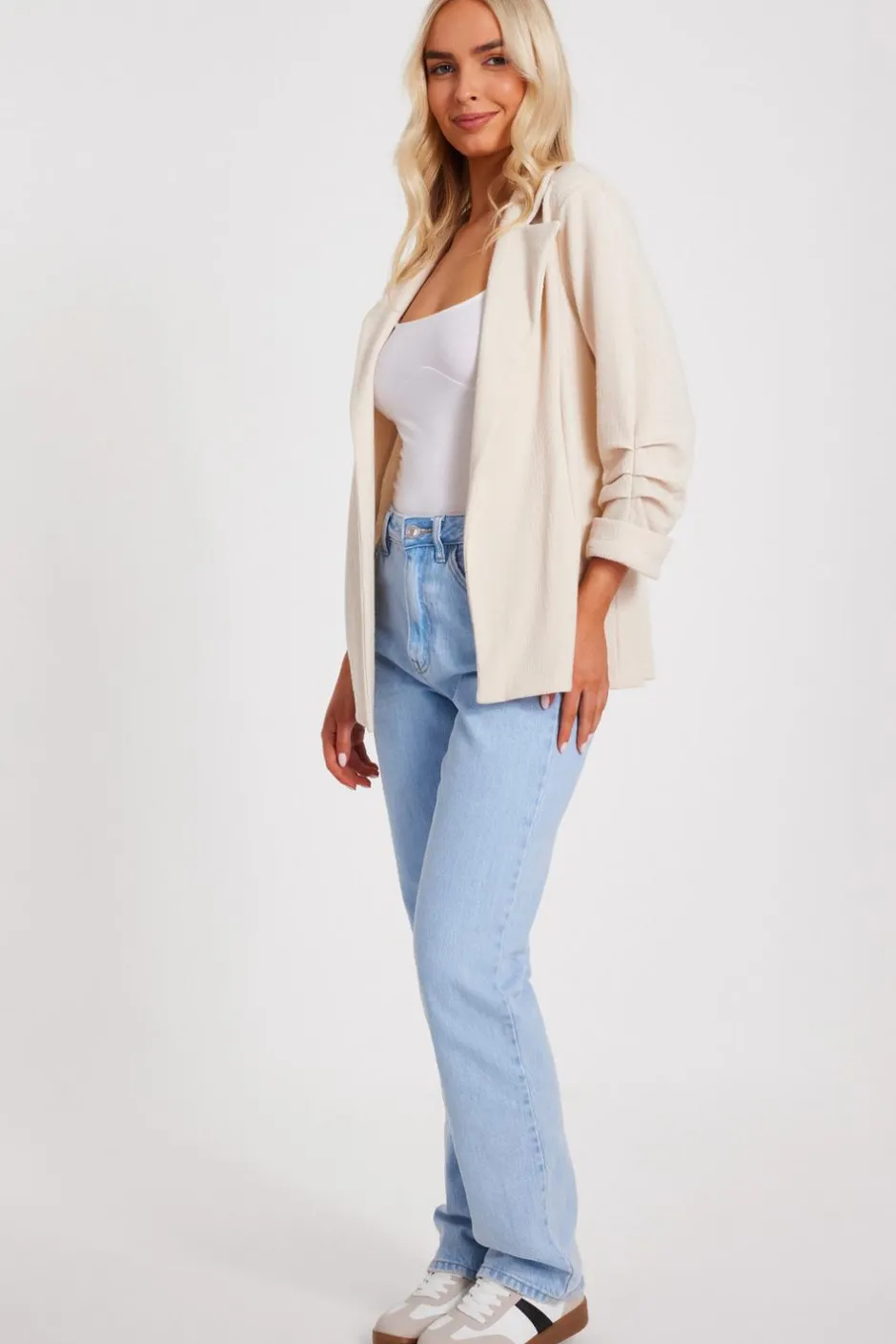 Quiz Textured Ruched Sleeve Blazer Stone New