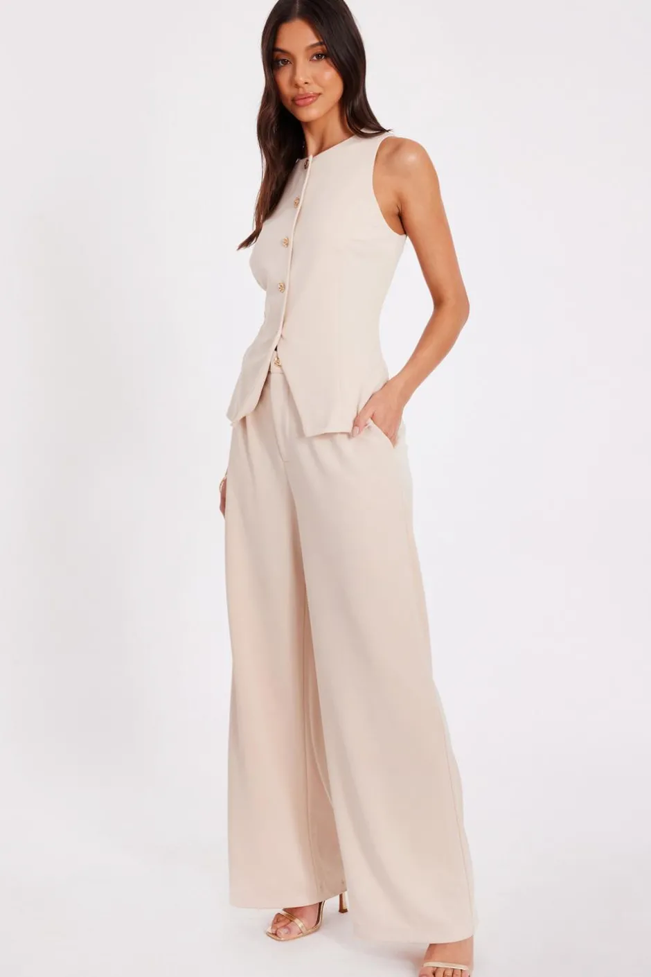 Quiz Wide Leg Trousers Stone Outlet