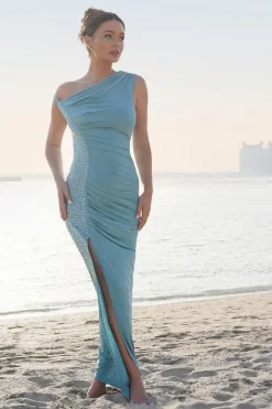 Quiz Teal Rhinestone Ruched One Shoulder Maxi Dress New