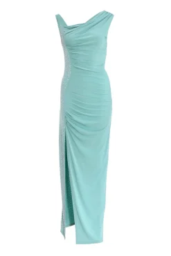 Quiz Teal Rhinestone Ruched One Shoulder Maxi Dress New