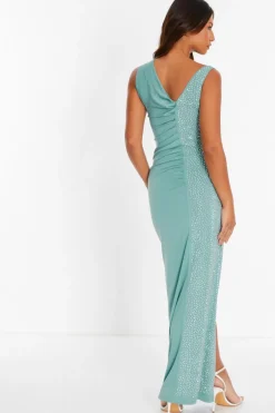 Quiz Teal Rhinestone Ruched One Shoulder Maxi Dress New
