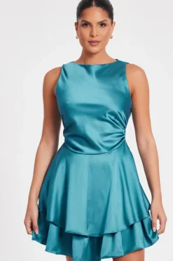 Quiz Satin Frill Skater Dress Teal