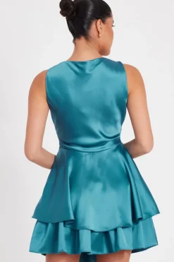 Quiz Satin Frill Skater Dress Teal