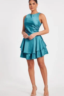 Quiz Satin Frill Skater Dress Teal