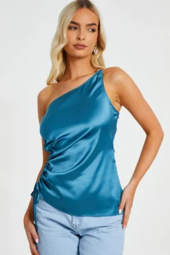 Quiz Teal Satin One Shoulder Top