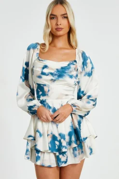 Quiz Teal Smudge Satin Playsuit Outlet