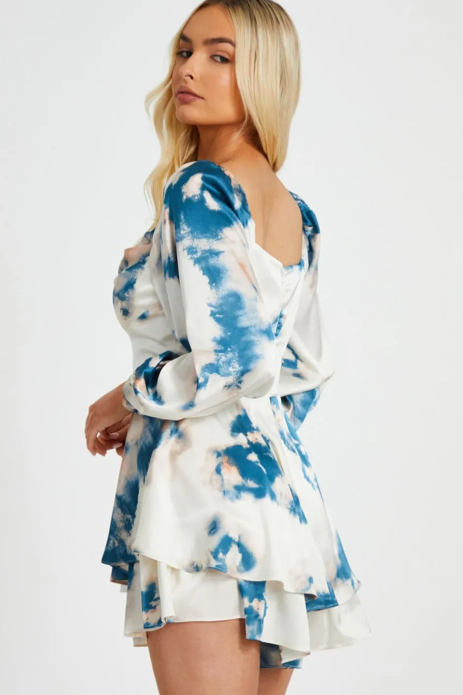 Quiz Teal Smudge Satin Playsuit Outlet