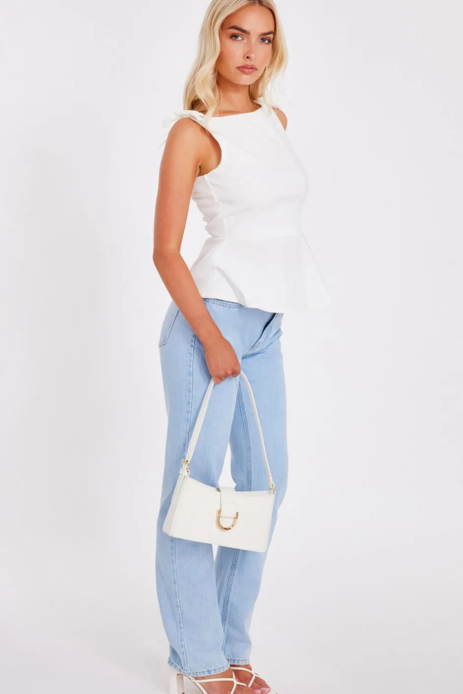 Quiz White Bow Shoulder Peplum Top New