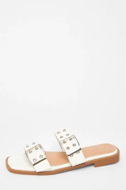Quiz Buckle Flat Sandals White Best