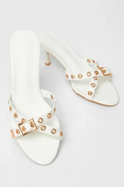Quiz Buckle Mule Heels White Clearance