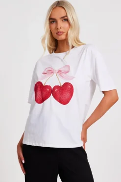 Quiz White Cherry Print Boxy Top Online