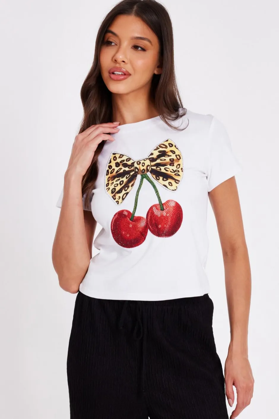 Quiz White Cherry Print Crop Top Hot