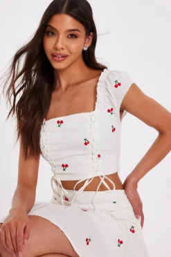 Quiz White Cherry Print Crop Top Discount