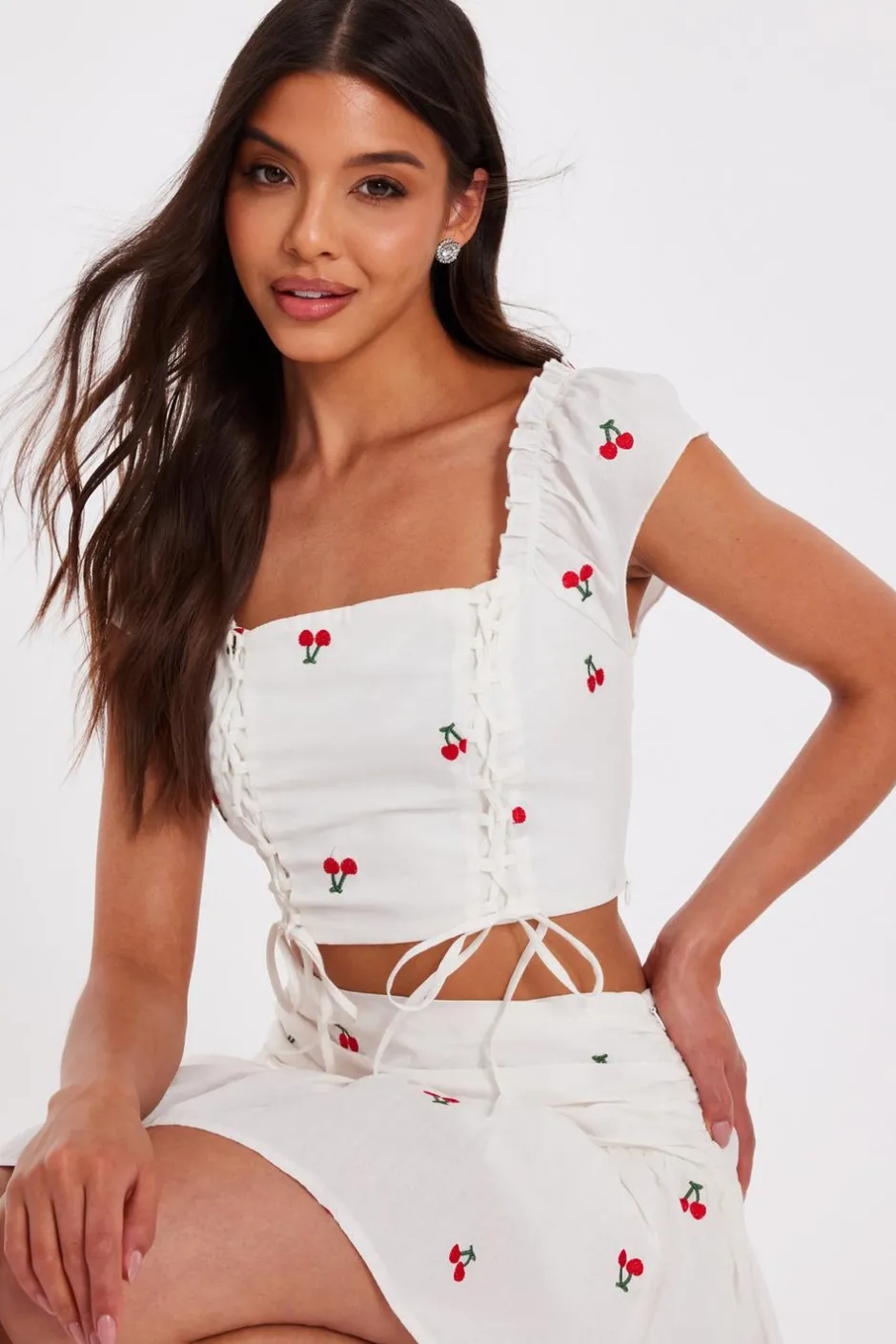 Quiz White Cherry Print Crop Top Discount