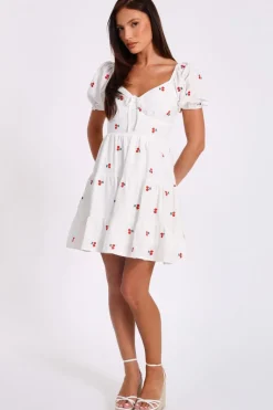 Quiz White Cherry Print Skater Dress New