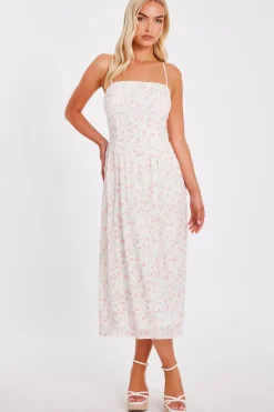 Quiz White Chiffon Floral Midi Dress Clearance