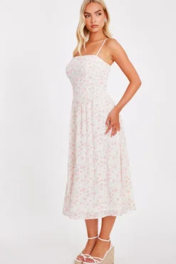 Quiz White Chiffon Floral Midi Dress Clearance