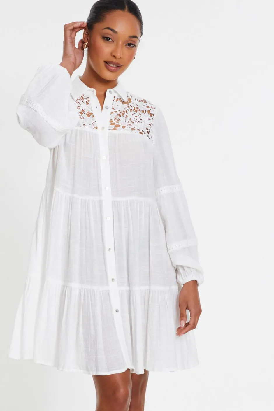 Quiz White Crochet Mini Shirt Dress Clearance