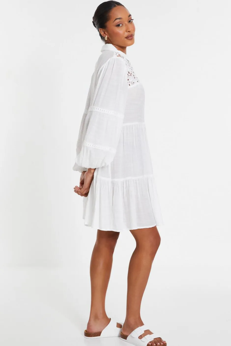 Quiz White Crochet Mini Shirt Dress Clearance