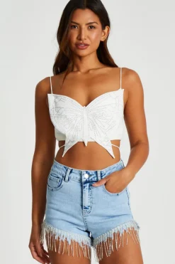 Quiz White Diamante Butterfly Tie Back Top Best