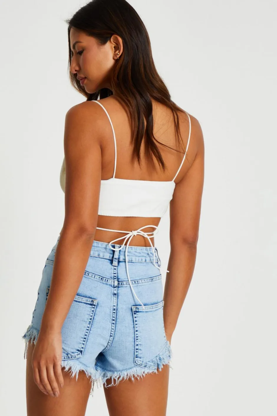 Quiz White Diamante Butterfly Tie Back Top Best