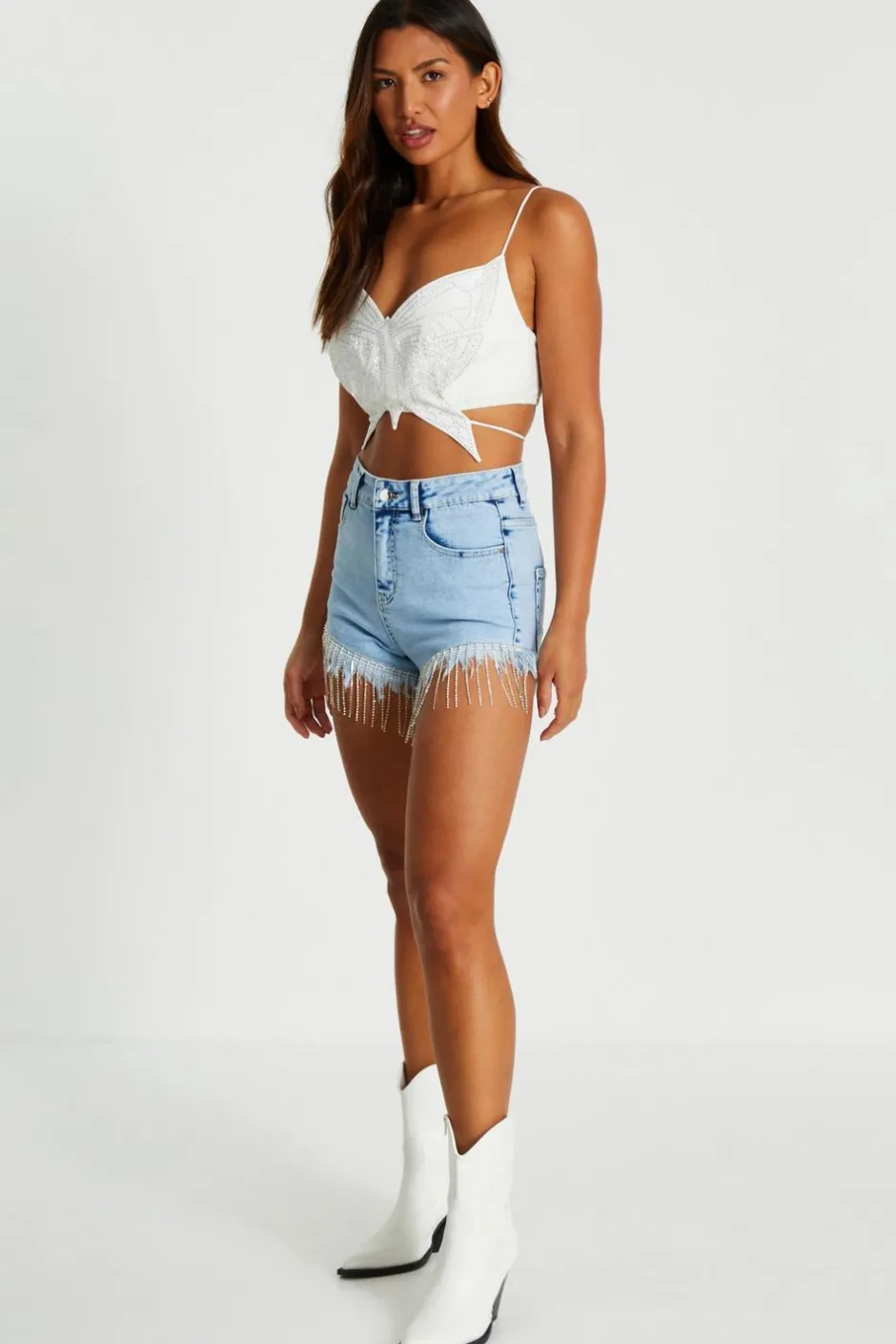 Quiz White Diamante Butterfly Tie Back Top Best