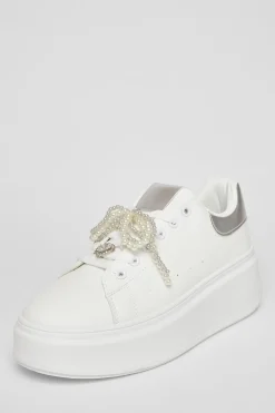 Quiz White Diamante Faux Leather Trainers New