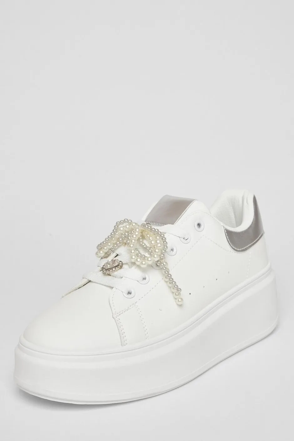 Quiz White Diamante Faux Leather Trainers New