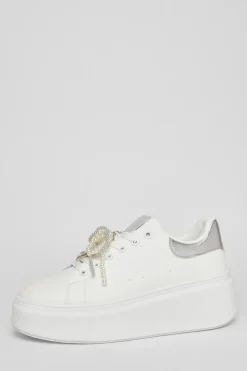 Quiz White Diamante Faux Leather Trainers New