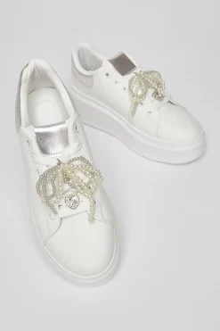 Quiz White Diamante Faux Leather Trainers New