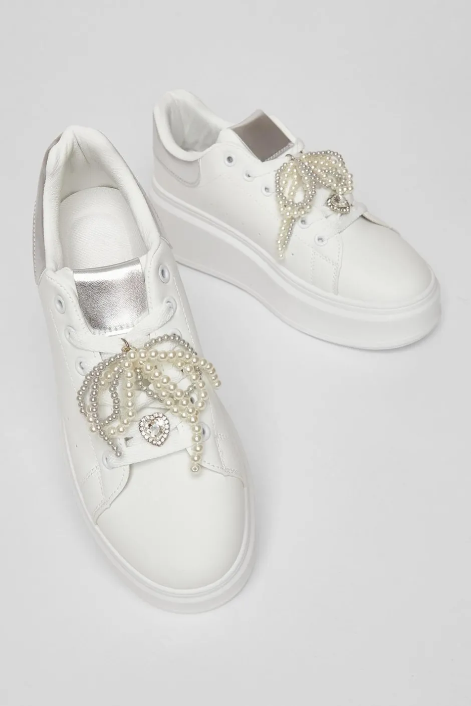 Quiz White Diamante Faux Leather Trainers New