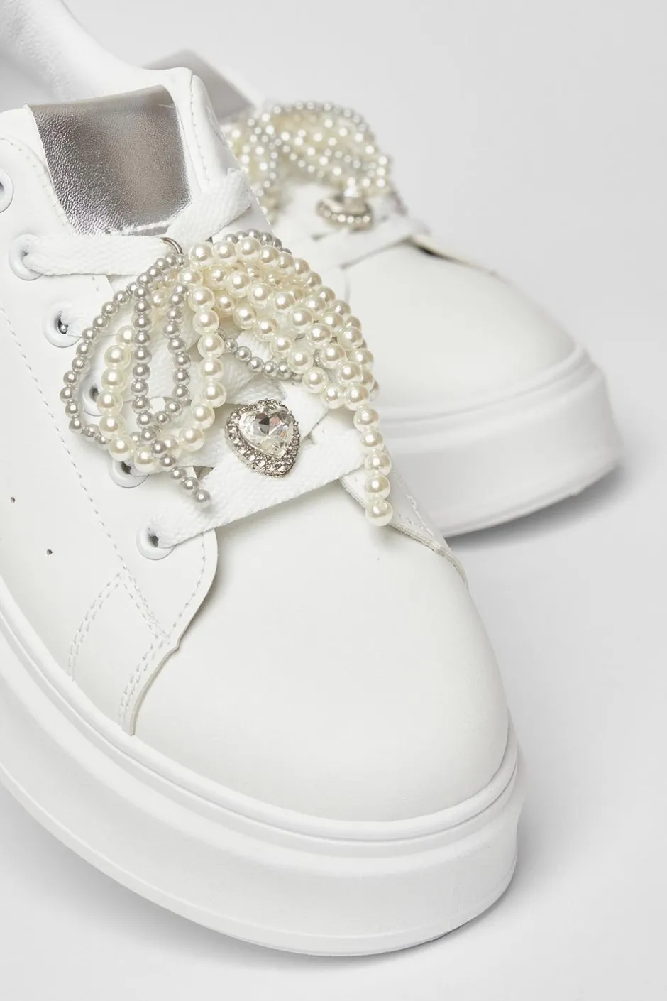 Quiz White Diamante Faux Leather Trainers New