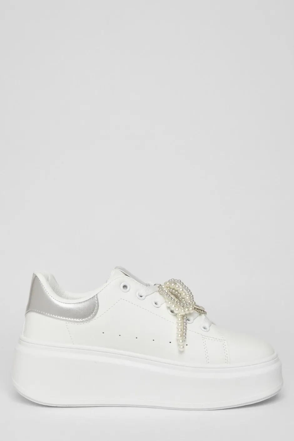 Quiz White Diamante Faux Leather Trainers New