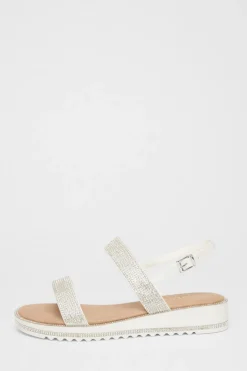 Quiz White Diamante Flat Sandals Online