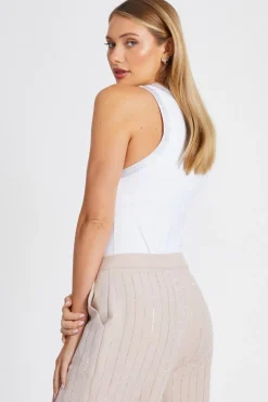 Quiz Diamante Trim Bodysuit White Clearance