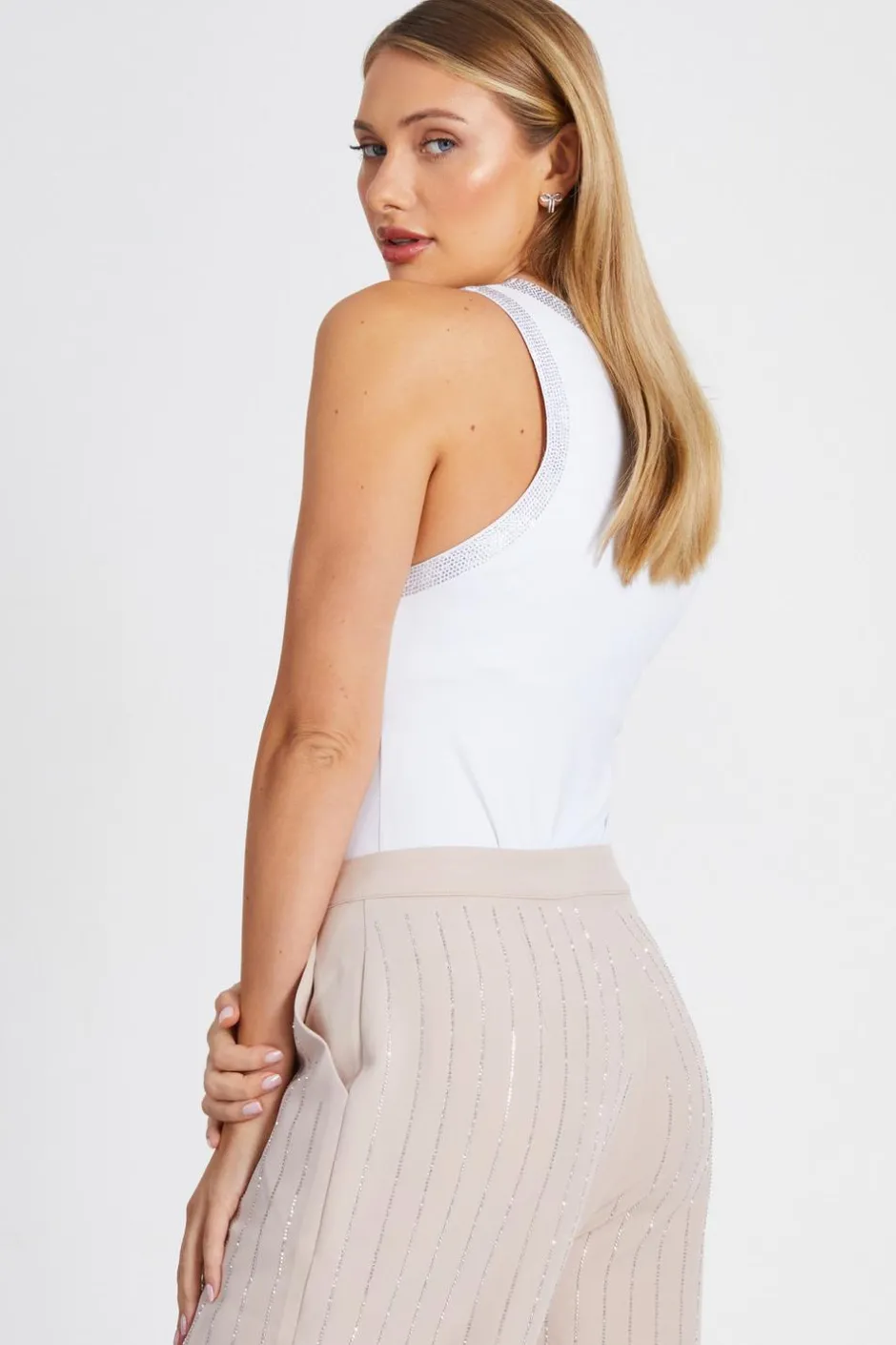 Quiz Diamante Trim Bodysuit White Clearance