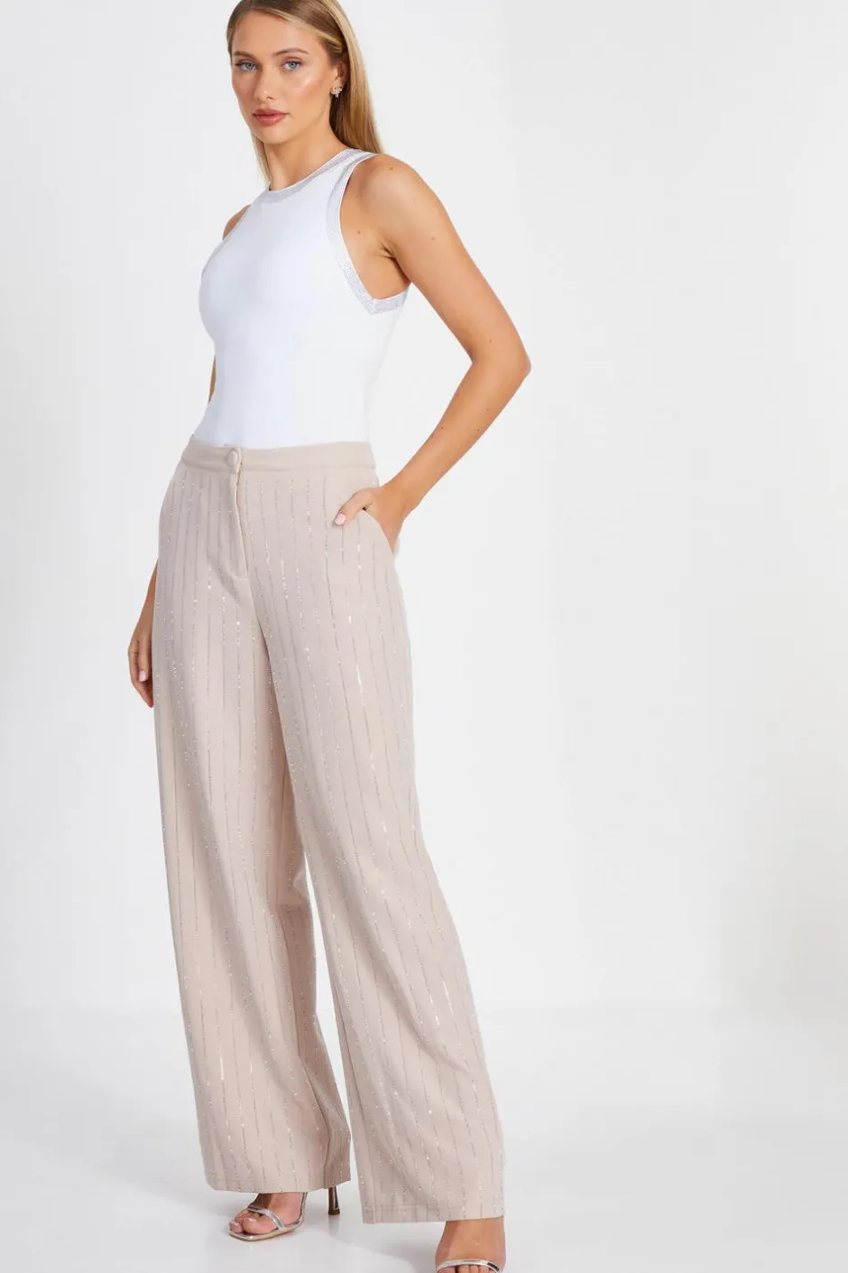 Quiz Diamante Trim Bodysuit White Clearance