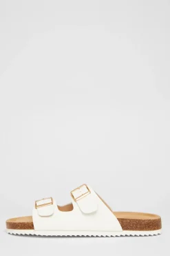 Quiz Double Buckle Flat Sandals White New