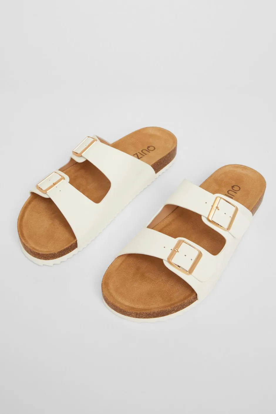Quiz Double Buckle Flat Sandals White New