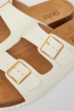Quiz Double Buckle Flat Sandals White New
