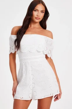 Quiz White Embroidered Bardot Playsuit Online