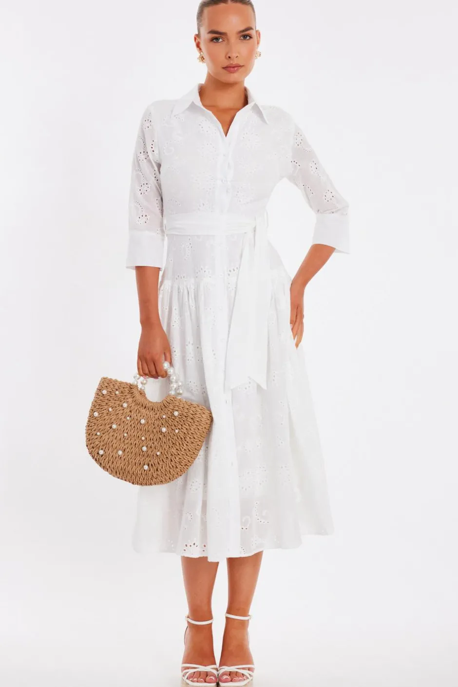 Quiz White Embroidered Midaxi Shirt Dress
