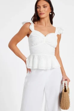 Quiz White Embroidered Peplum Top Online