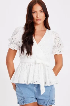 Quiz White Embroidered Peplum Top Sale