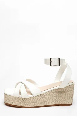 Quiz Faux Leather Strappy Wedges White Discount
