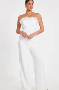 Quiz White Feather Trim Jumpsuit Hot