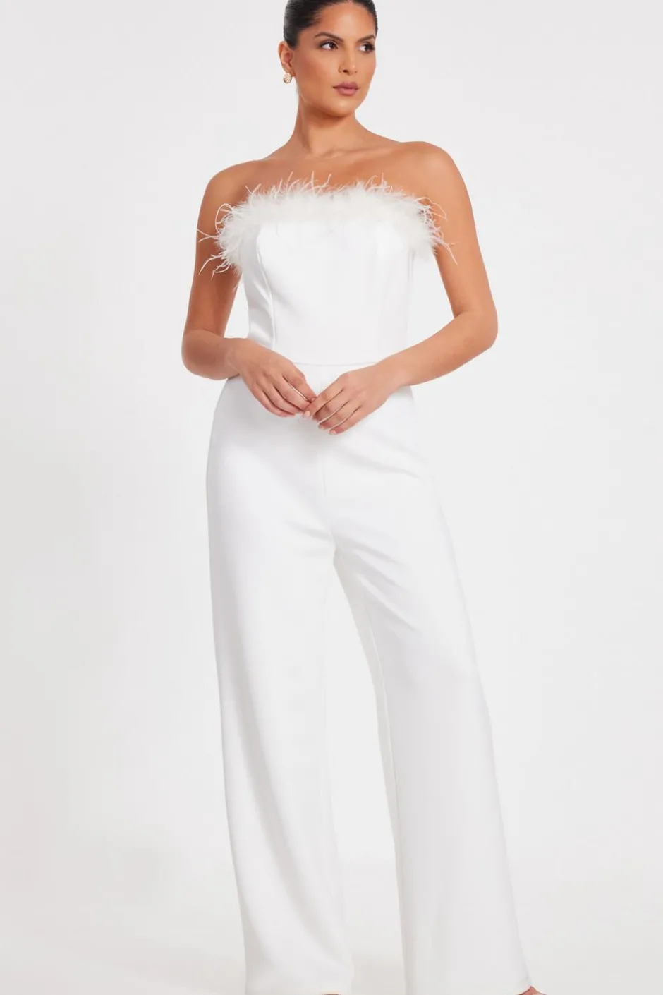 Quiz White Feather Trim Jumpsuit Hot