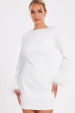 Quiz Feather Trim Mini Dress White Outlet
